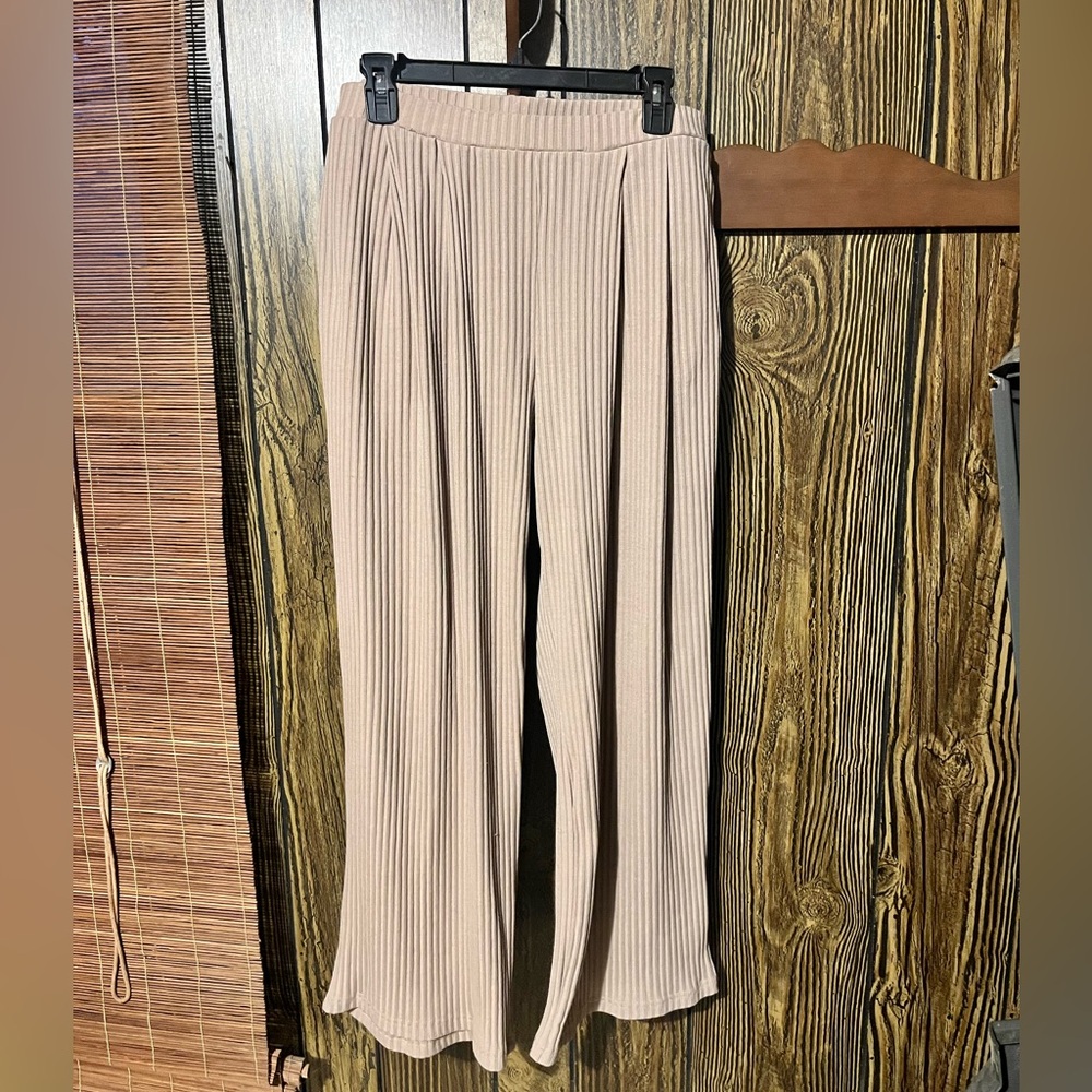 Beige Ribbed Wide-Leg Pants